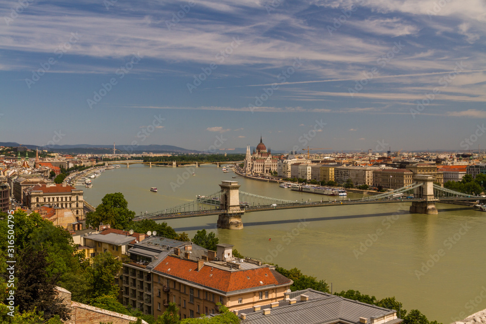 River Danube in Budapest Hungary, parliament and the Chain Bridge.