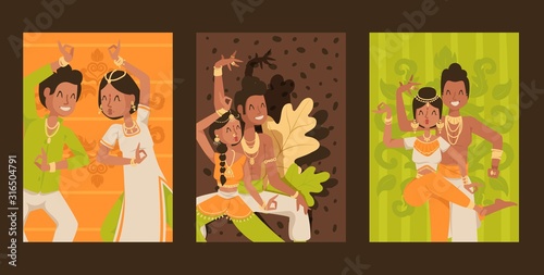 Indian dancers set of banners, vector illustration. Happy couple performing traditional Indian dance in ethnic culture costume. Smiling cartoon character, dancing class invitation