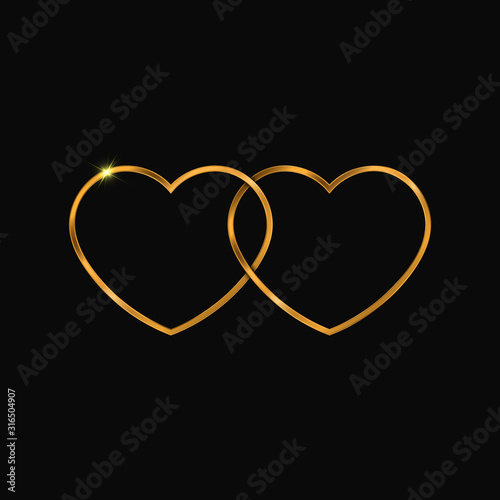 Two golden hearts symbol, sign. Valentines day design. Vector background