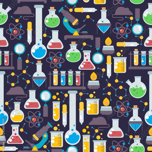 Laboratory glassware seamless pattern, vector illustration. Chemistry lab research icons in flat style, chemical flask emblems. Science lab items, pharmacy and medicine studying