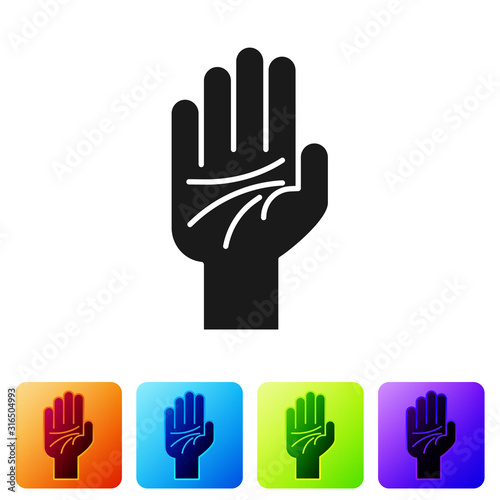 Black Palmistry of the hand icon isolated on white background. Set icons in color square buttons. Vector Illustration