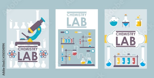 Chemistry lab banners, vector illustration. Scientific brochure cover design, laboratory booklet template. Flat style chemistry lab icons, science research symbols