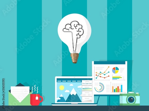 Creative idea concept vector illustration. Content creator workspace setup in flat style, light bulb as symbol of inspirational idea. Freelance photographer workplace