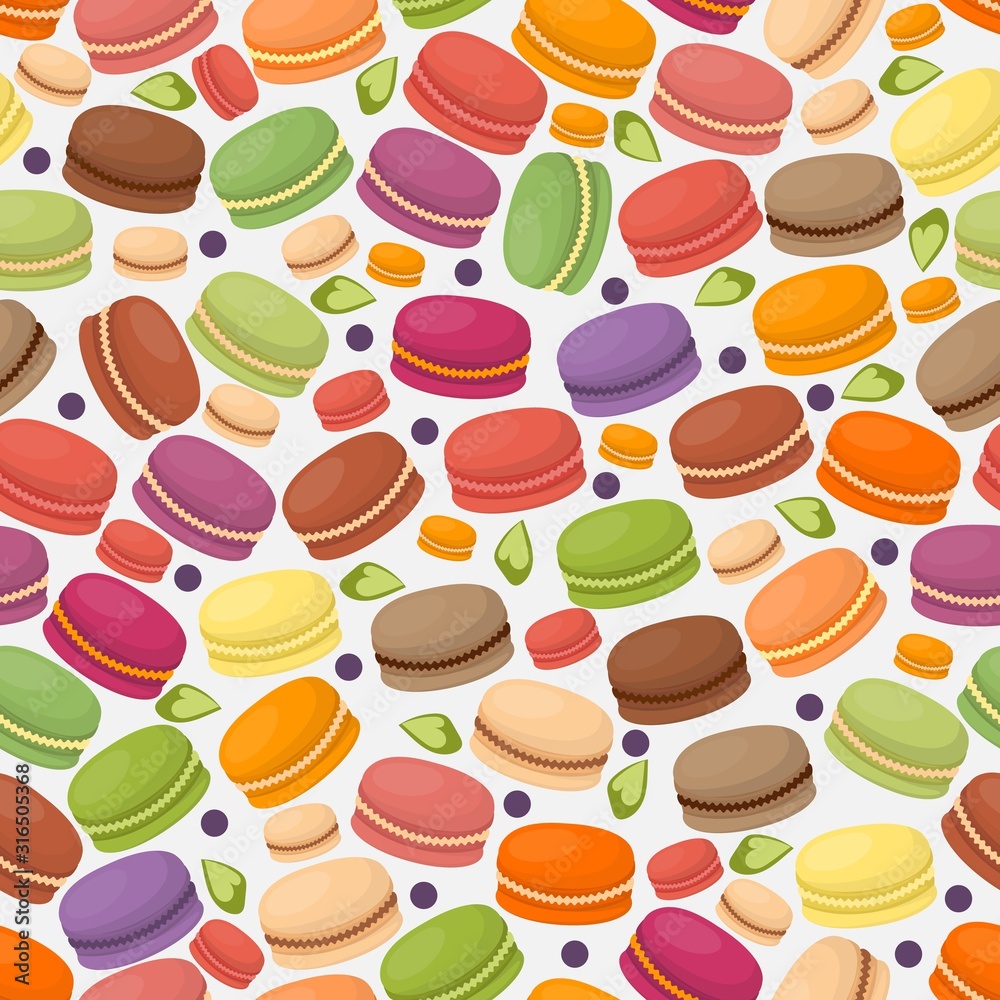 French macarons in seamless pattern, vector illustration. Endless colorful macaroons, pastry shop assortment, selection of delicious cookies. Traditional european sweet dessert