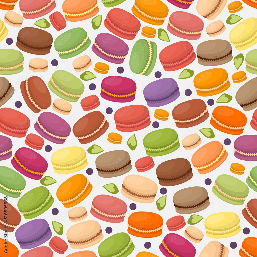 French macarons in seamless pattern, vector illustration. Endless colorful macaroons, pastry shop assortment, selection of delicious cookies. Traditional european sweet dessert French macarons in seamless pattern, vector illustration. Endless colorful macaroons, pastry shop assortment, selection of delicious cookies. Traditional european sweet dessert