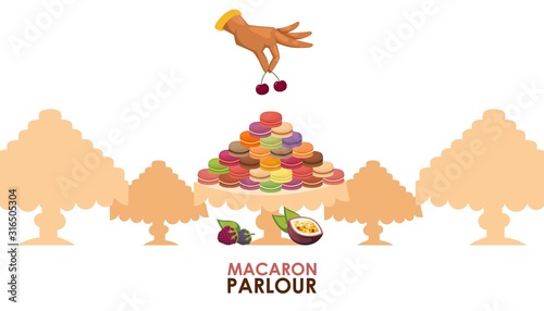 Macaron parlour vector illustration. Pastry shop advertisement poster, french macaron sweet confection, tasty dessert. Luxury presentation, confectionery showcase