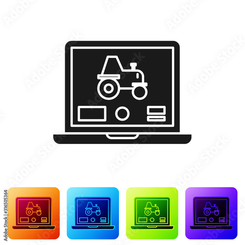 Black Laptop application for control a autonomous tractor on a smart farm icon isolated on white background. Smart agriculture implement. Set icons in color square buttons. Vector Illustration
