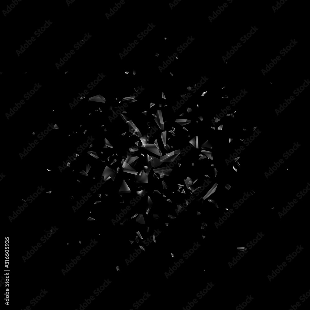 Broken, shatter glass isolated on black background. Abstract explosion. Vector illustration - obrazy, fototapety, plakaty 