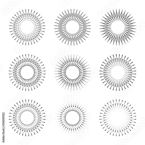 Set of radial halftone dots in circle form for comic books. Fireworks explosion background. EPS10 vector Illustration. Starburst round as logo or icon.  Abstract geometric star rays.