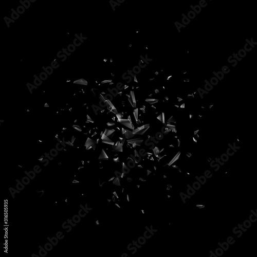 Broken, shatter glass isolated on black background. Abstract explosion. Vector illustration