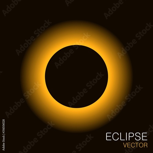 Total eclipse of the sun with yellow light rays in the dark sky. Solar eclipse vector illustration