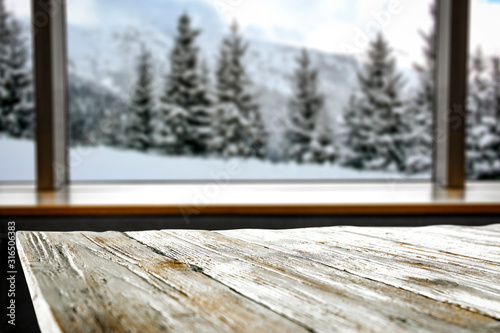 Desk of free space and winter landscape 