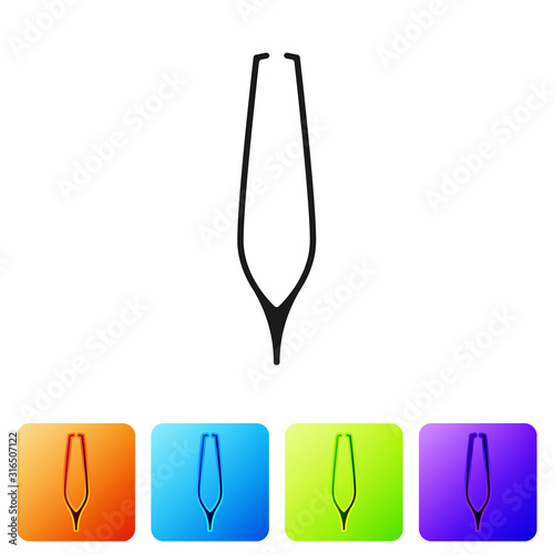 Black Eyebrow tweezers icon isolated on white background. Cosmetic tweezers for ingrown hair. Set icons in color square buttons. Vector Illustration