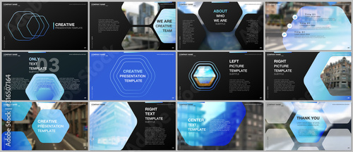 Minimal presentations design, portfolio vector templates with hexagonal design blue color pattern background. Multipurpose template for presentation slide, flyer leaflet, brochure cover, report.