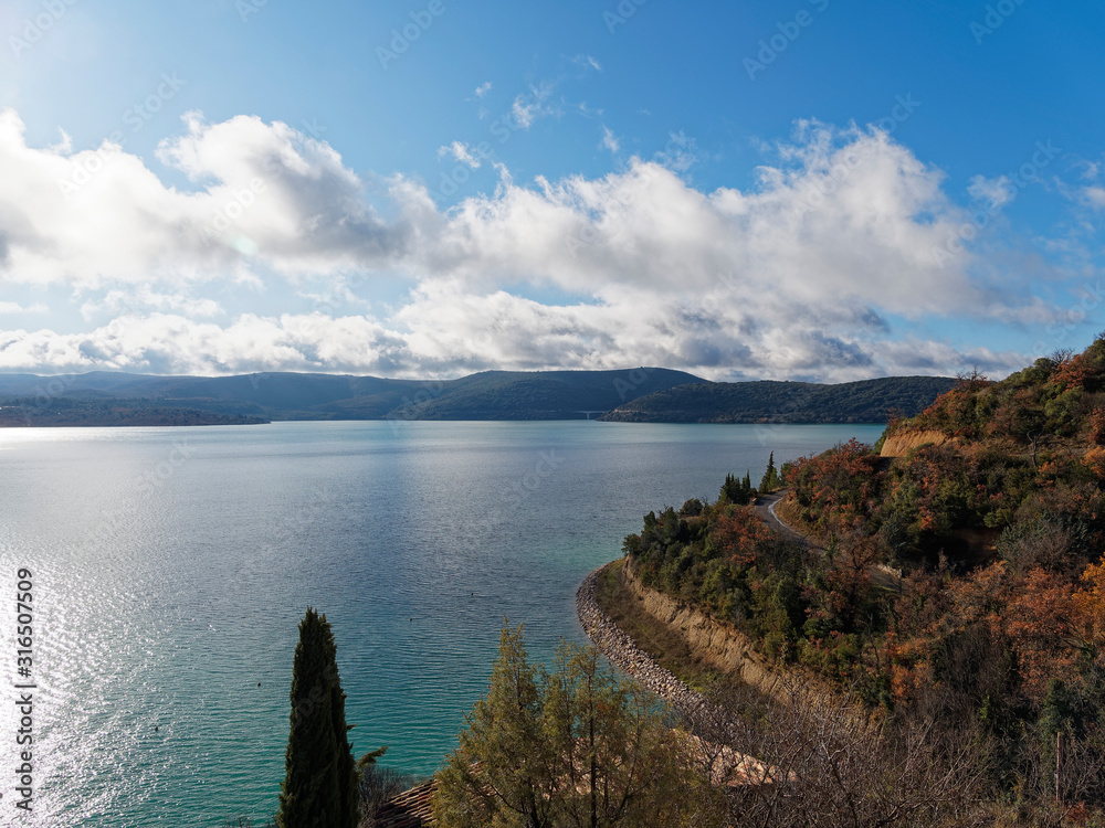 View from the village of Sainte-Croix-du verdon adjacent to the magnificient lake of Sainte-Croix in Var Alpes-de-Haute-Provence