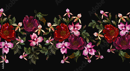 Embroidery. Red roses and orchids flowers. Summer garden art. Horizontal seamless pattern. Template for clothes, textiles, t-shirt design