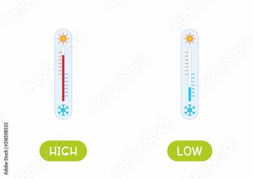 High and low temperature antonyms word card flat vector template. Flashcard for english language learning. Hot and cold opposites concept. Weather thermometer illustration with typography