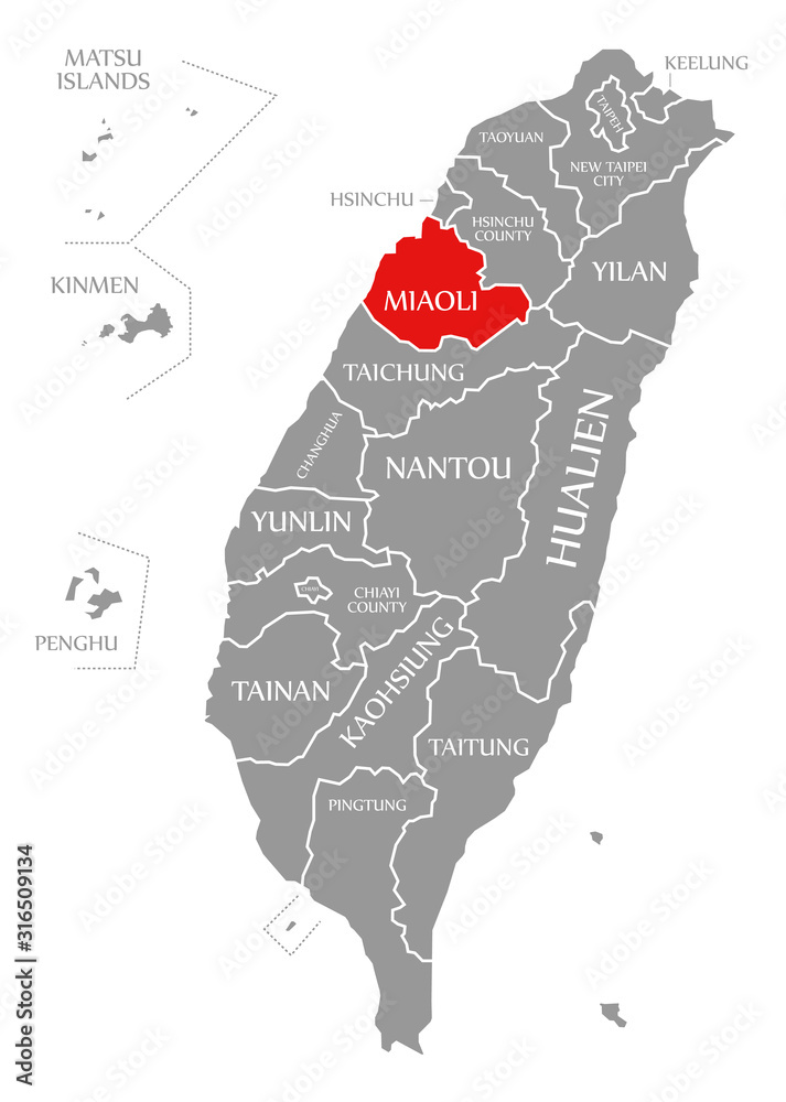 Miaoli red highlighted in map of Taiwan