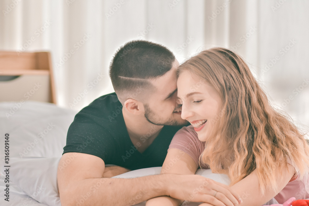 Close up couple sweet love in bedroom morning in Valentine's day Close up couple sweet love in bedroom morning in Valentine's day