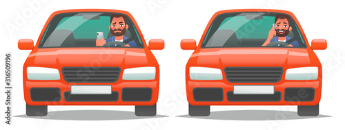 Talking on the phone while driving a vehicle. A man in a car uses a smartphone. The concept of dangerous driving
