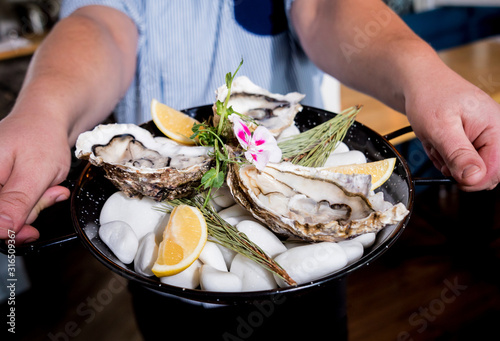 Fresh oysters in chef's hands on a plate with ice and flowers. Restaurant