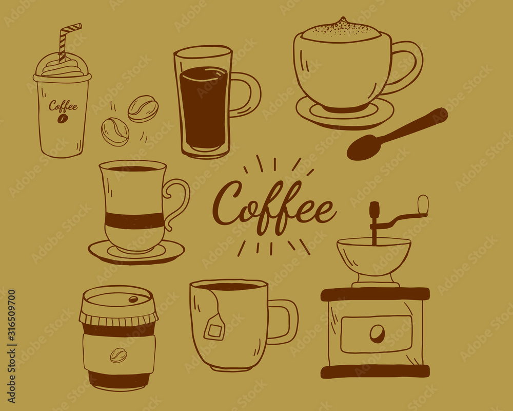 Obraz premium Set of hand drawn coffee doodles: drinks, desserts, beans and other related objects