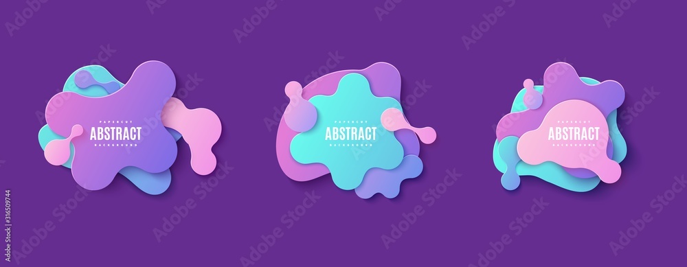 Set of liquid geometric shapes in paper cut style. Collection of three gradient color memphis bubble layered cut out of cardboard. Modern vector banner with fluid violet, coral and blue splash.