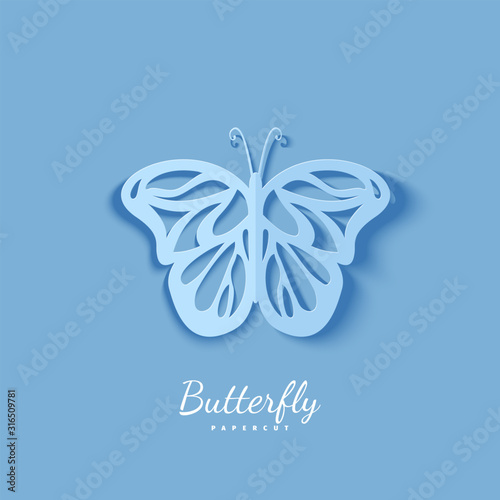 Tropical 3d butterfly in paper cut style. Beautiful lacewing element of romantic valentine card cut out of cardboard. Cute origami fly insect for wedding invitation template. Vector illustration.