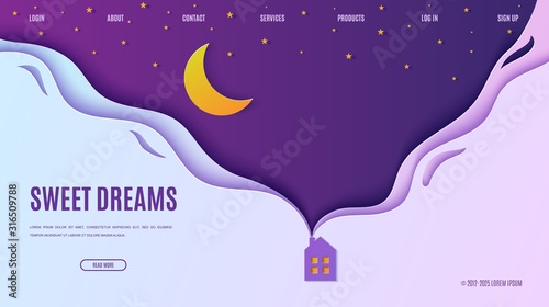 Night sky in paper cut style. Web page design template cute house with smoke from the chimney. 3d background with violet and blue gradient heaven with stars and moon papercut art. Vector illustration.