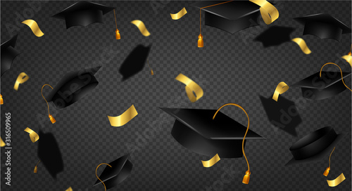 Flying graduation caps with confetti. Academic hats in air with golden ribbons. Vector background for college school, university, education.
