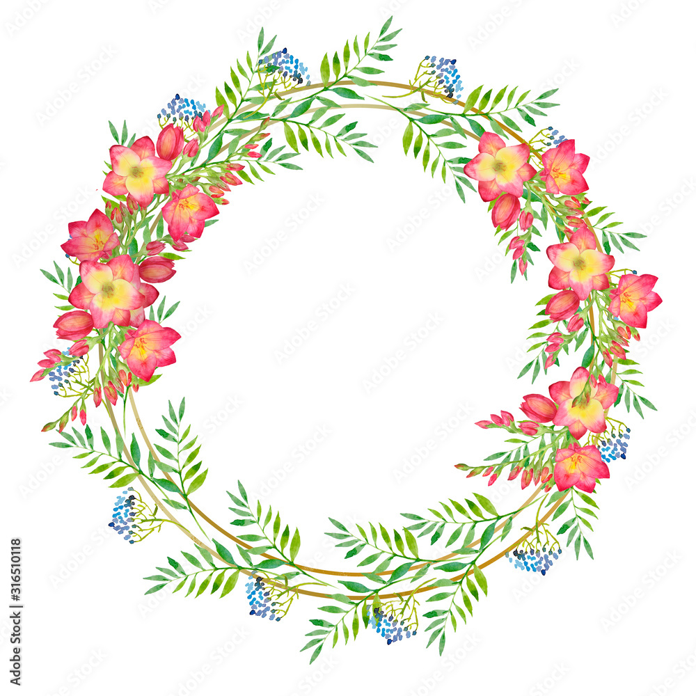 wreath with green leaves and red freesia flower in a gold round frame. Watercolor floral illustration