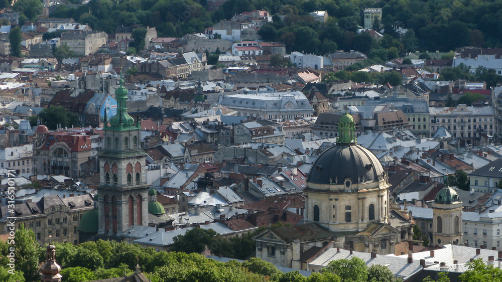 Naklejka premium view of the historic center of the old town from the castle hill High Castle, Lviv, Ukraine