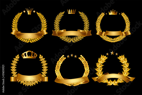 Set of gold laurel wreath award. Laurel wreath with golden ribbon. Vector award design templates