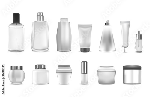 Realistic cosmetic or perfume containers. Empty product bottle pack 3D white plastic. Mockup for cream and gel, shampoo and dispenser, spray and lotion. Beauty vector set