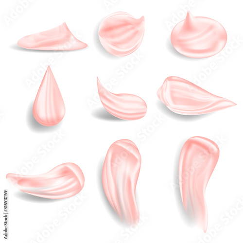 Cream texture stroke set. Facial creme, foam, gel or body lotion skincare elements. Beautiful realistic 3d vector illustration of cream smooth foam brush strokes isolated on transparent background.