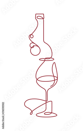 Glass and wine bottle. Continuous line. Drawing in modern style. Design element for wine tasting, menu, wine list, restaurant, winery, shop, vineyard, booklet, brochure design. Single line.
