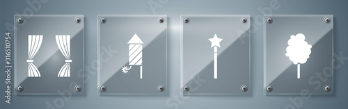 Set Cotton candy, Magic wand, Firework rocket and Curtain. Square glass panels. Vector
