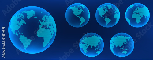 Futuristic 3D Earth Globe set from different angles, full map. Technological 3D world map of stripes with transparent texture. Vector collection HUD hologram Earth Globe