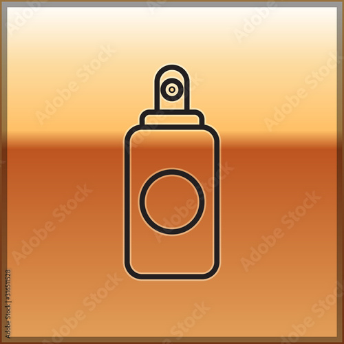 Black line Spray can for air freshener, hairspray, deodorant, antiperspirant icon isolated on gold background. Vector Illustration