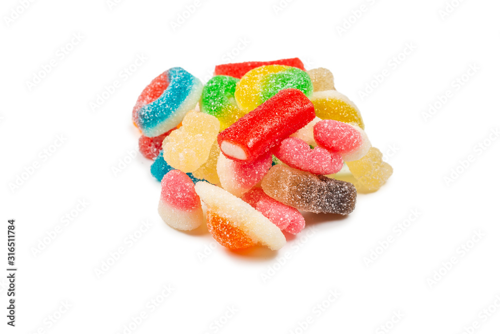 Assorted gummy candies. Top view. Jelly sweets. Isolated on white. Assorted gummy candies. Top view. Jelly sweets. Isolated on white.