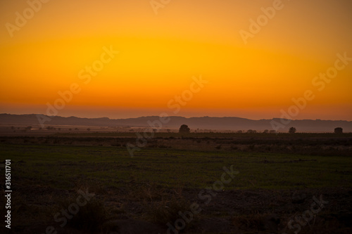 Sunset landscape view of silhouette mountains and lonely trees in Azerbaijan. Sheki