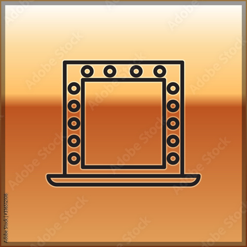 Black line Makeup mirror with lights icon isolated on gold background. Vector Illustration
