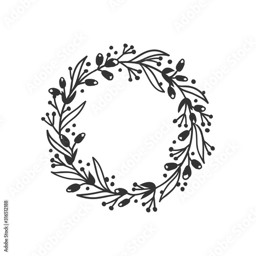 Hand drawn wreath for design use. Black Vector doodle flowers on white background. Abstract pencil boho drawing branch circle. Artistic illustration elements plant and bloom