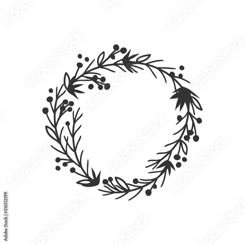 Hand drawn wreath for design use. Black Vector doodle flowers on white background. Abstract pencil boho drawing branch circle. Artistic illustration elements plant and bloom