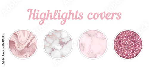 Highlights cover big set, Minimal pink marble texture background collection, story layout, gold rose frame template, vector badge for shop in social media, luxury design large collection