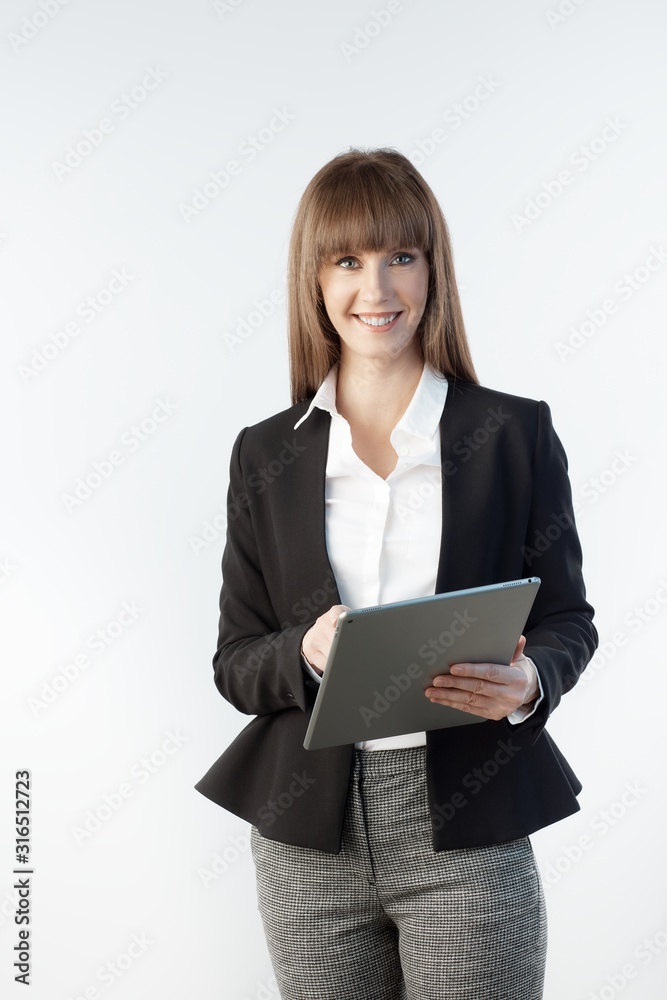 Happy businesswoman with large business tablet Happy businesswoman with large business tablet