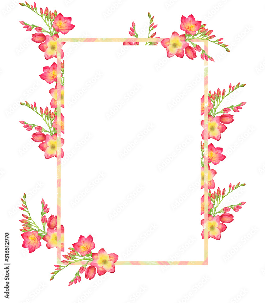 Watercolor illustration Square frame with green leaves and red freesia bouquet, branch with buds .