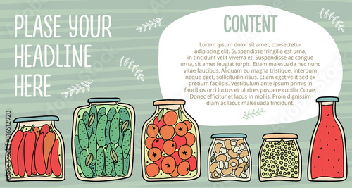 Set glass jars with homemade canning vegetables. Autumn marinate food. Healthy meal set. Templates for flyers, banners and posters. Hand-drawn cartoon illustration.