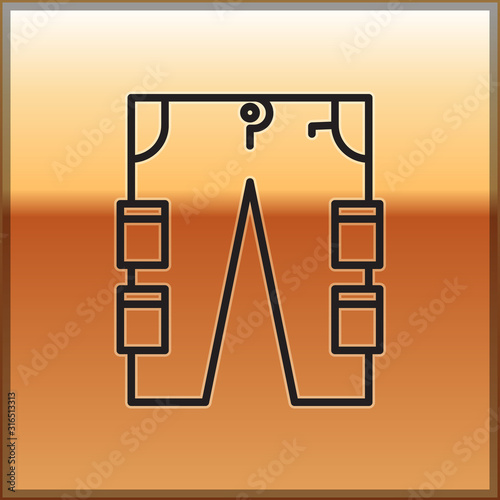 Black line Cargo pants icon isolated on gold background. Vector Illustration