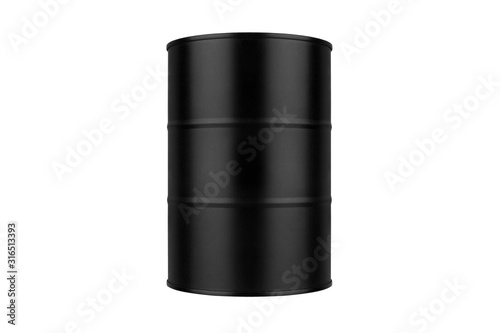 Fototapet Black round metal barrel on white background isolated close up, oil drum, steel